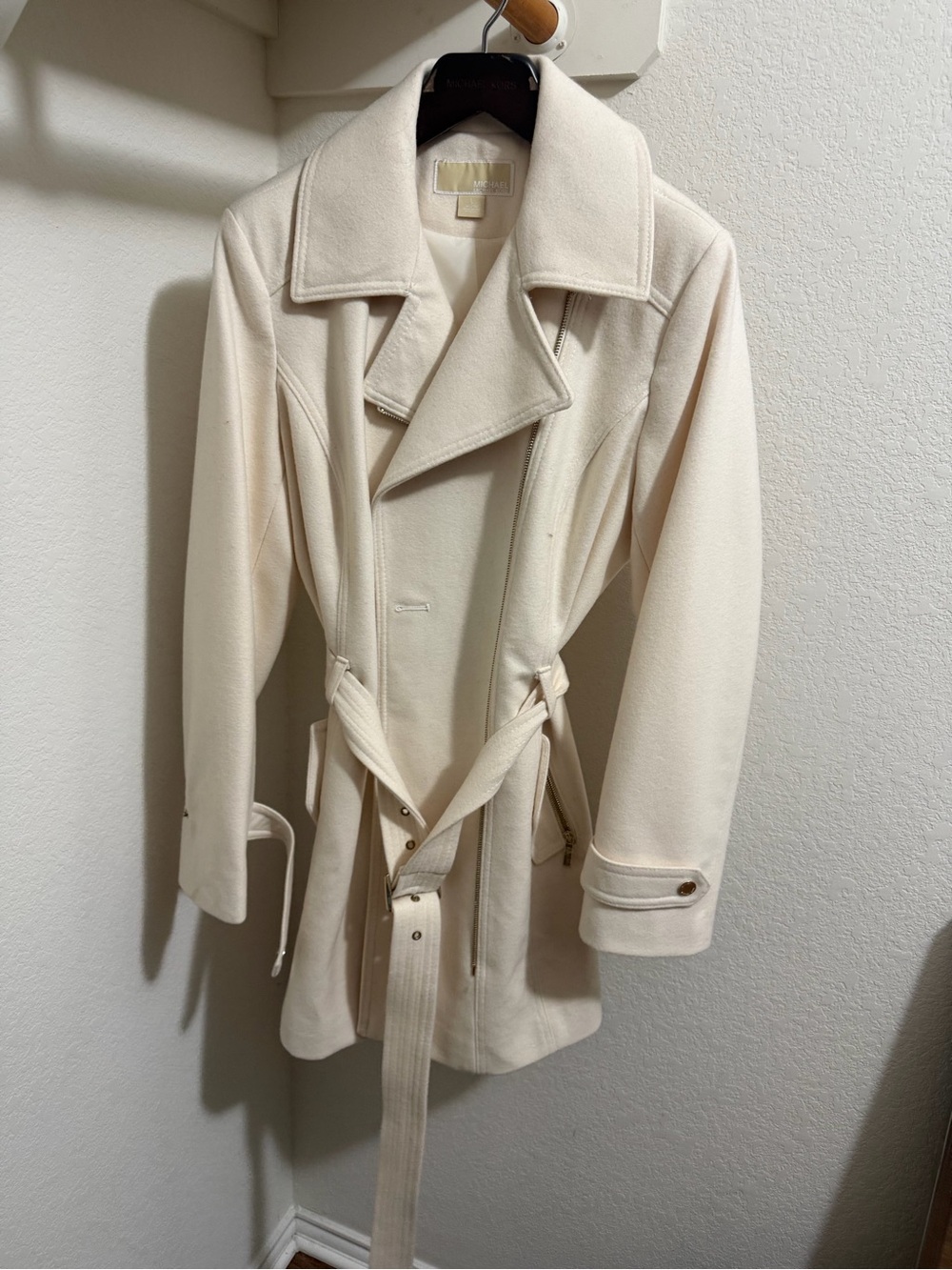 Michael Kors Cream Belted Coat with Wide Lapel